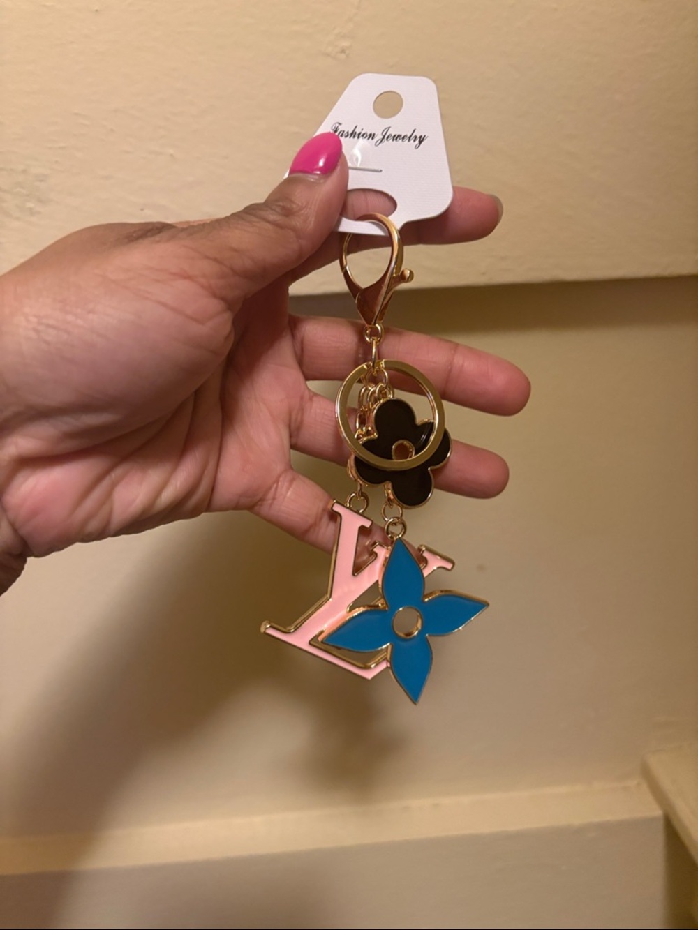 Designer-Inspired Pink & Blue Logo Keychain Charm